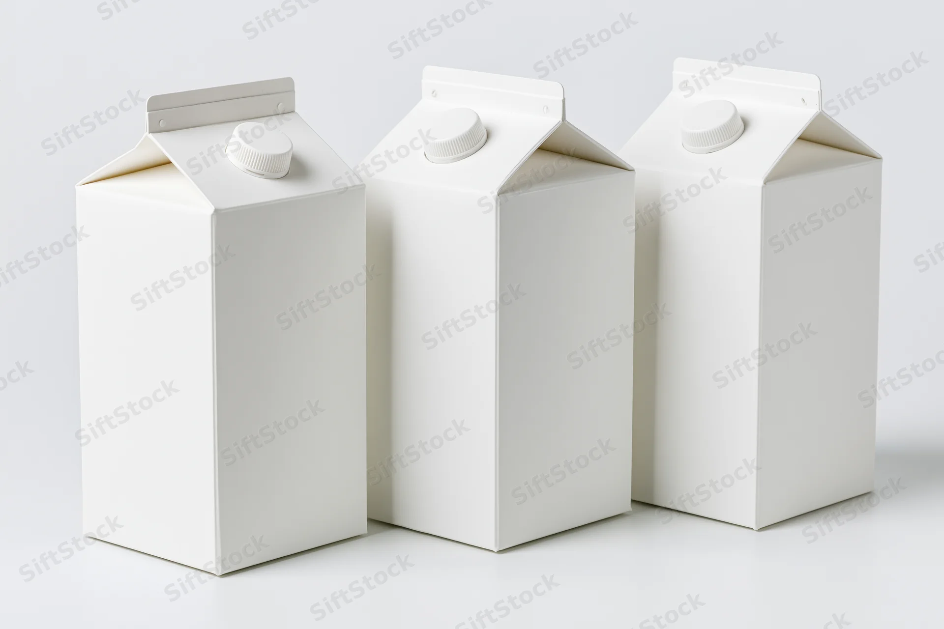 Three blank white milk cartons with screw caps arranged in a row on a white surface