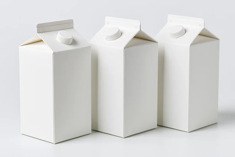 Three blank white milk cartons with screw caps arranged in a row on a white surface