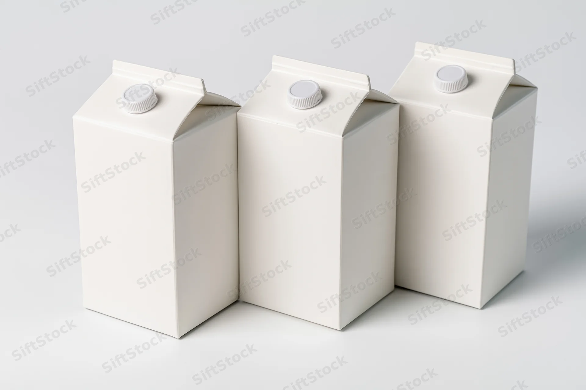 Three blank white milk cartons with screw caps arranged in a row on a white surface