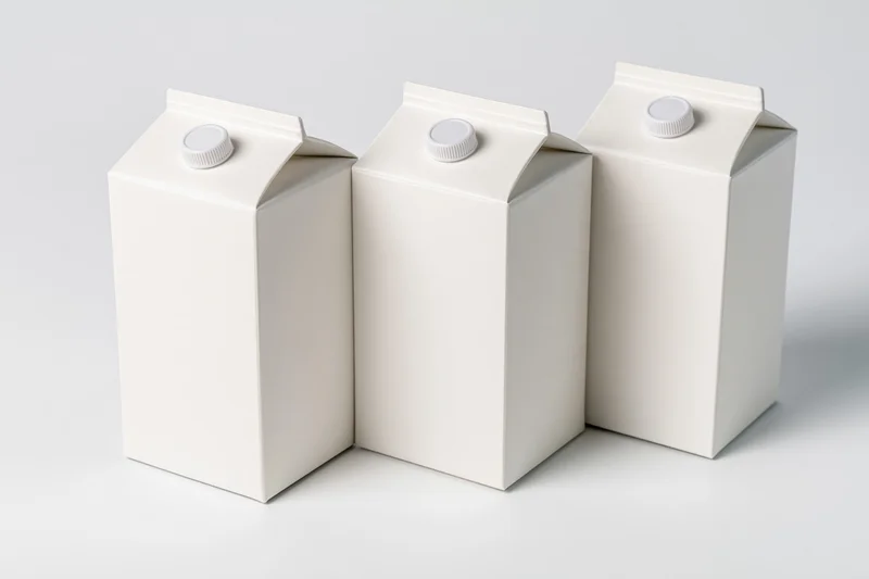 Three blank white milk cartons with screw caps arranged in a row on a white surface