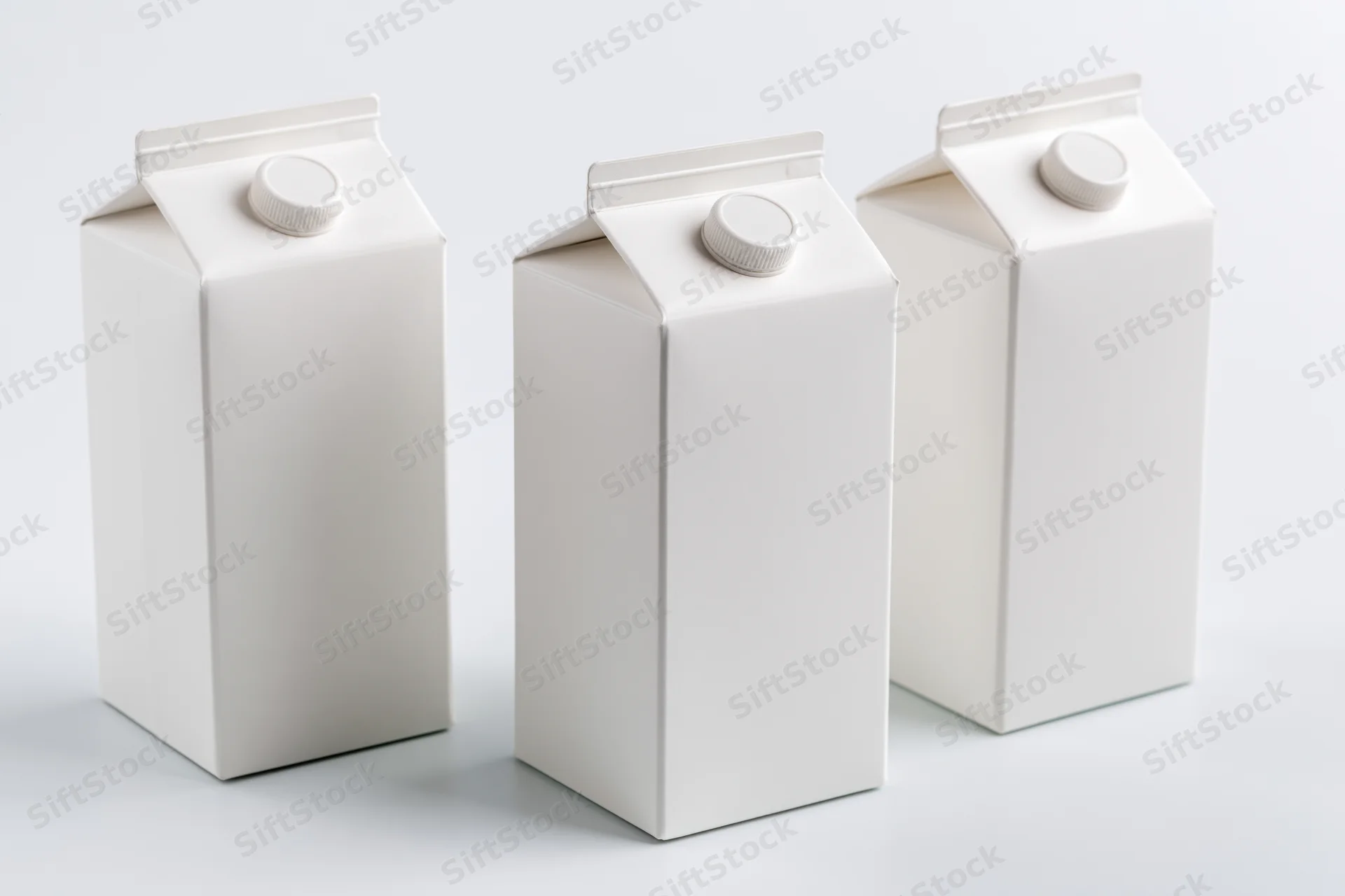 Three blank white milk cartons with screw caps arranged in a row on a white surface