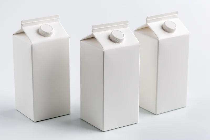Three blank white milk cartons with screw caps arranged in a row on a white surface