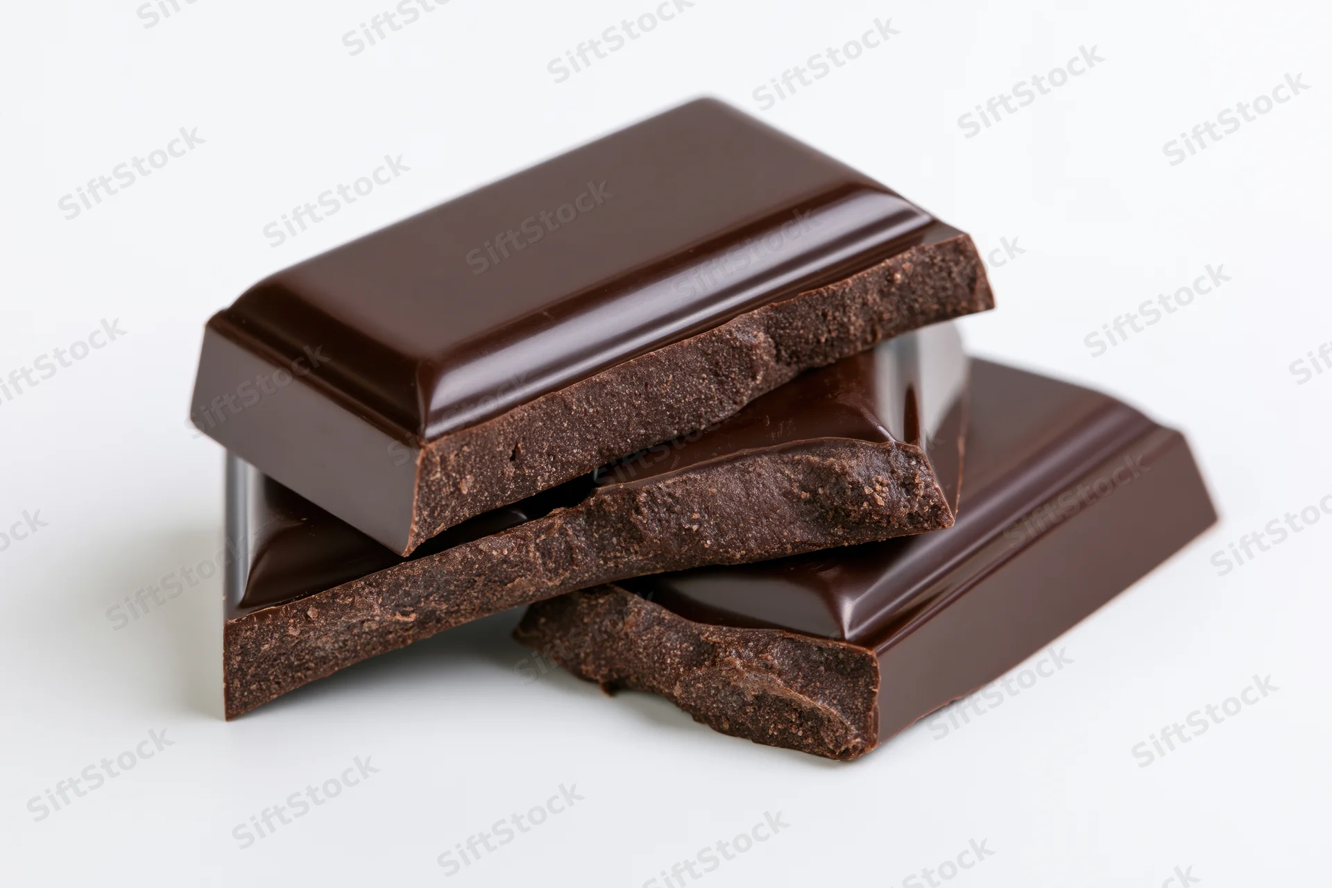 Broken dark chocolate bar pieces stacked at slight angle on white background