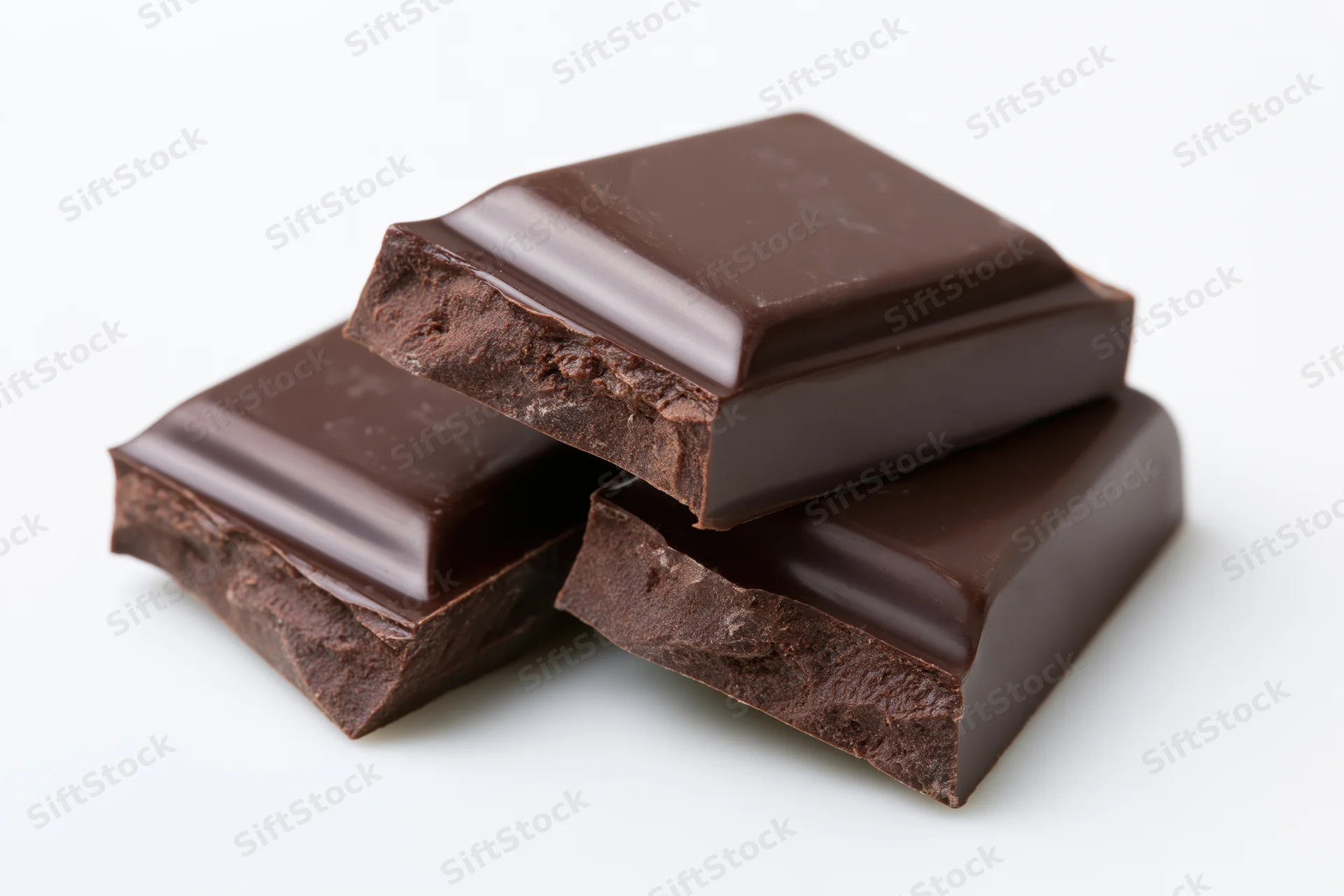 Three dark chocolate bar pieces stacked at a slight angle on white background