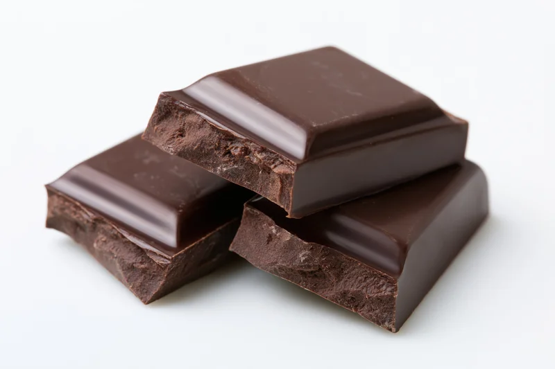 Three dark chocolate bar pieces stacked at a slight angle on white background