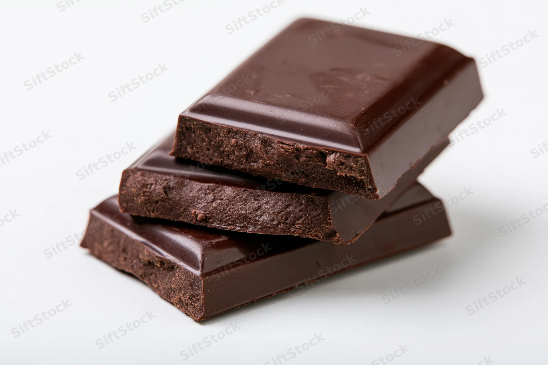 Three dark chocolate bar pieces stacked at a slight angle on white background