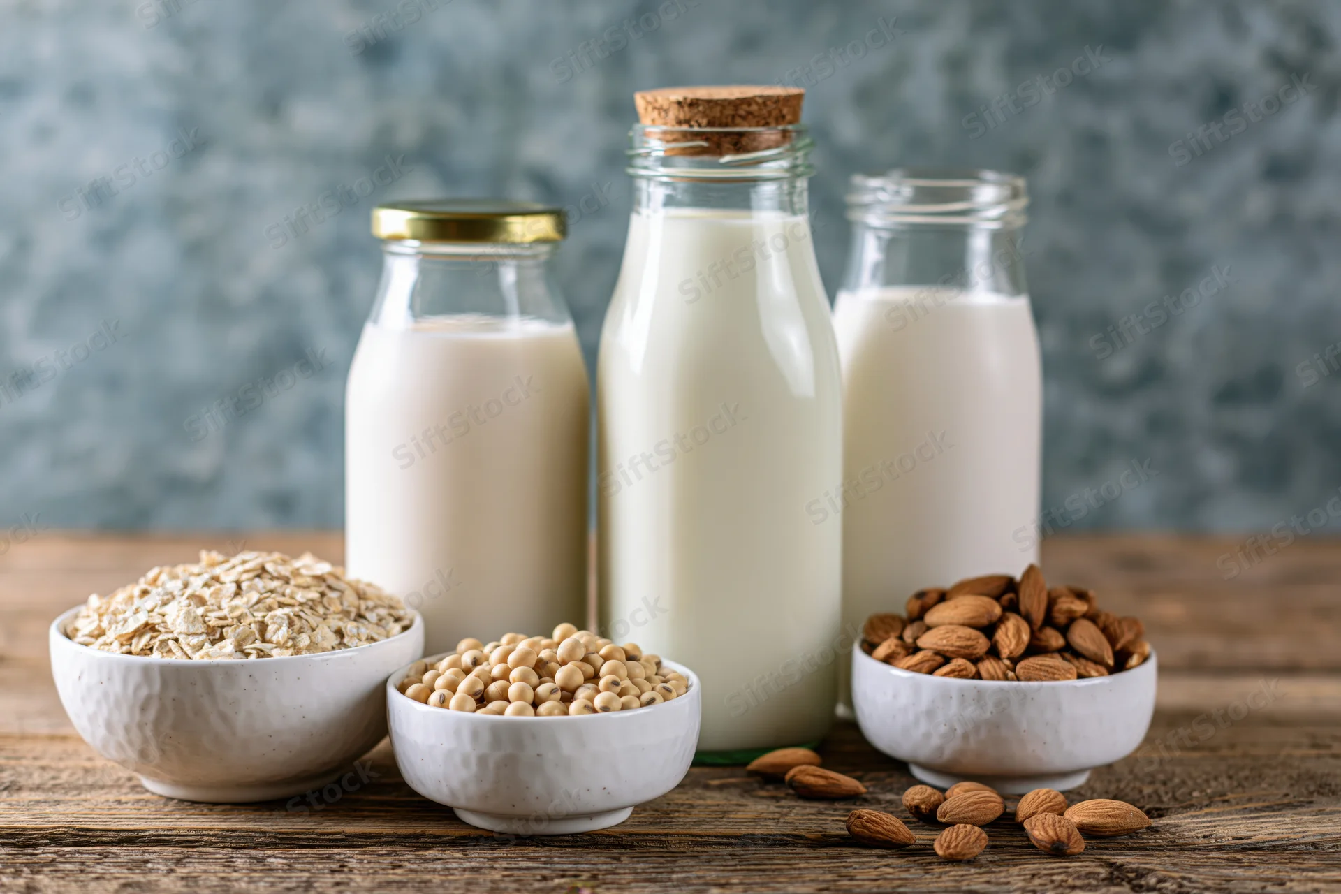 Three glass bottles of plant-based milk with bowls of oats, soybeans, and almonds on a wooden table