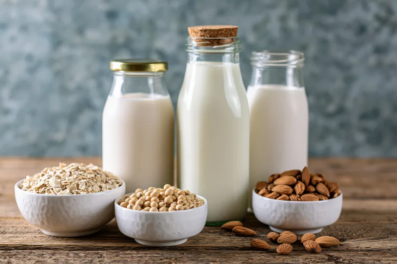 Three glass bottles of plant-based milk with bowls of oats, soybeans, and almonds on a wooden table