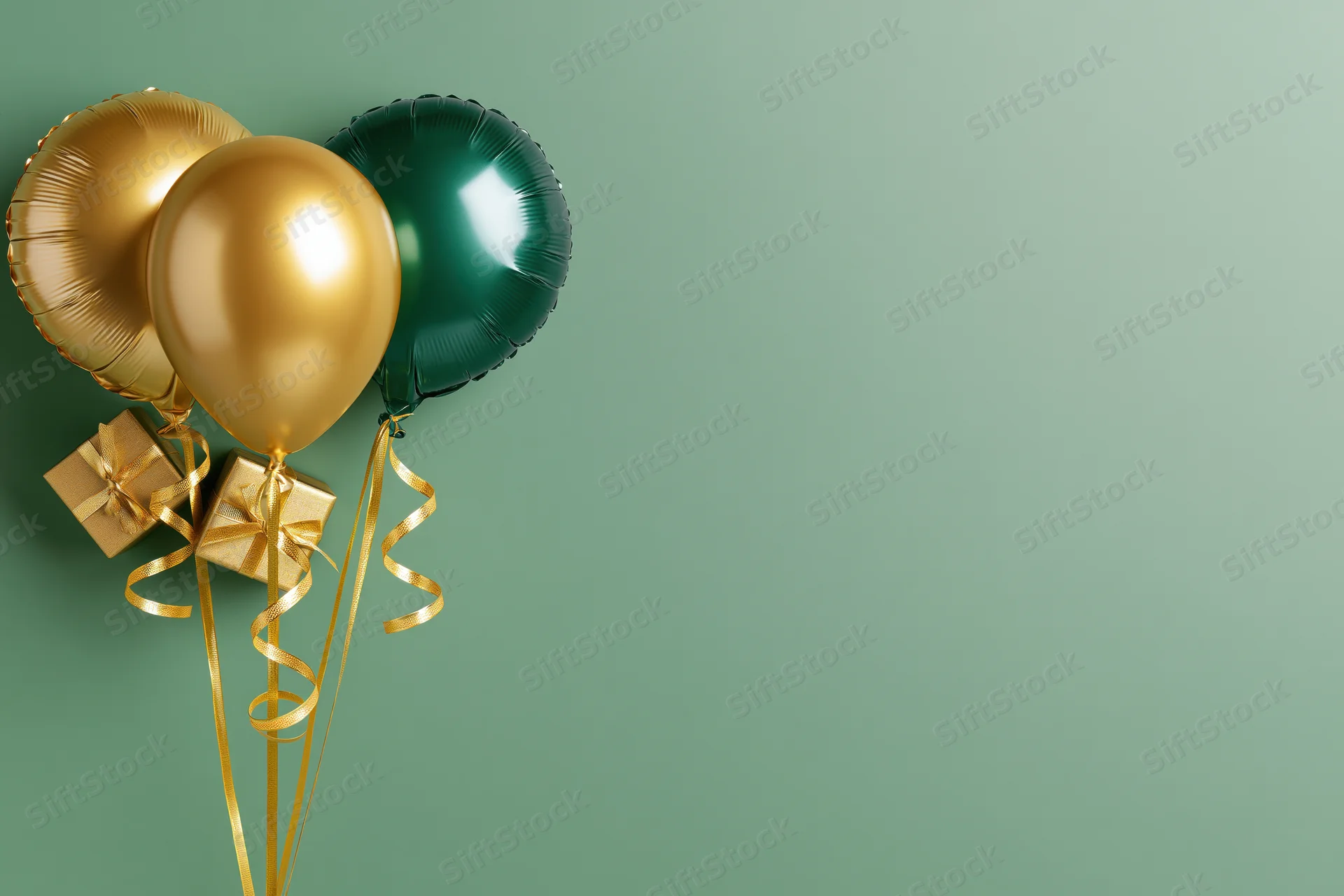Three metallic balloons two gold and one deep green clustered with gift boxes and ribbons on a green background
