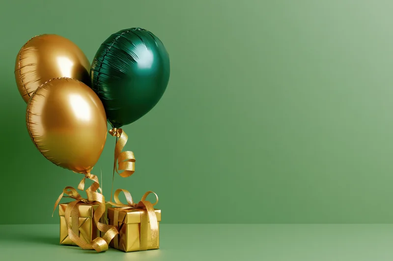 Three metallic balloons two gold and one deep green clustered with gift boxes and ribbons on a green surface
