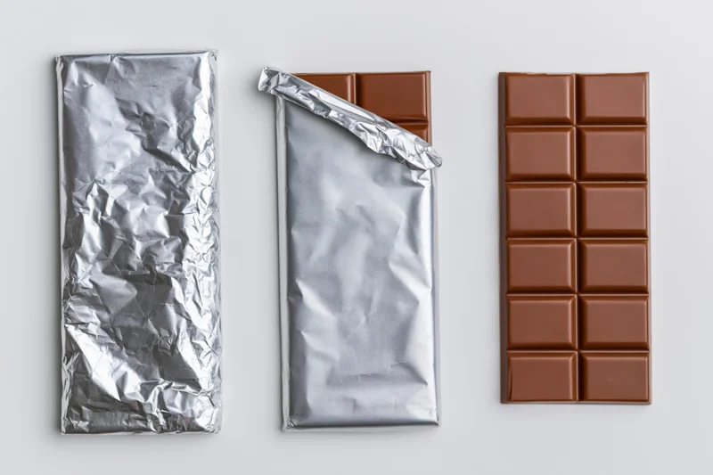 Three milk chocolate bars in varying states of unwrapping arranged in a row on a white surface