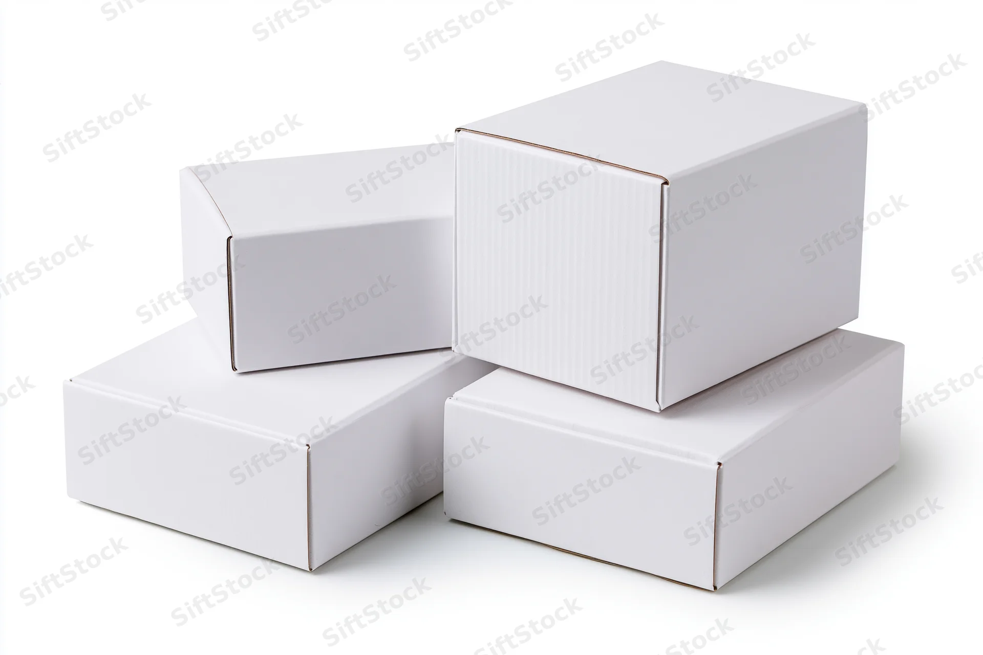 Four plain white cardboard boxes stacked and arranged on a white background