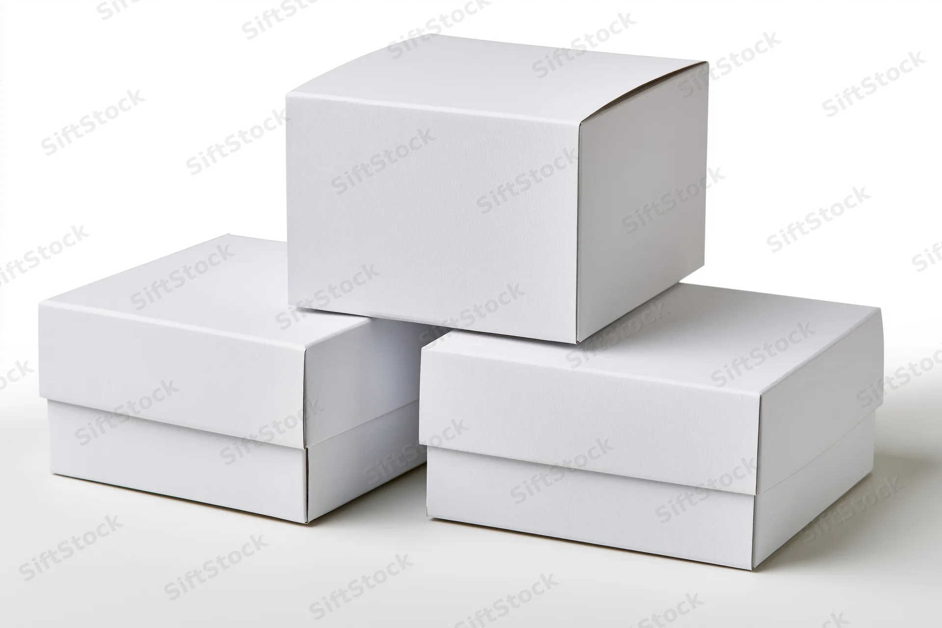 Three plain white cardboard boxes stacked and arranged on a white surface