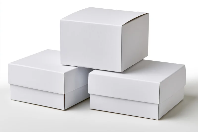 Three plain white cardboard boxes stacked and arranged on a white surface