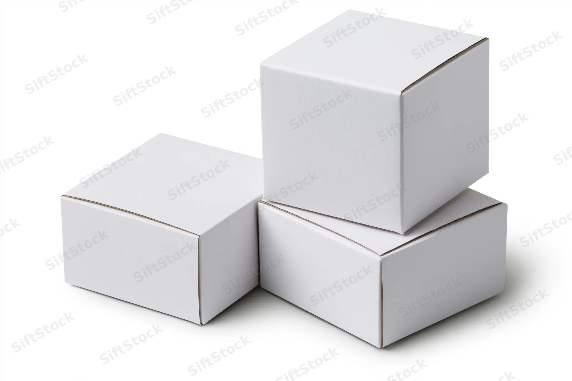 Three plain white cardboard boxes stacked and arranged on a white background