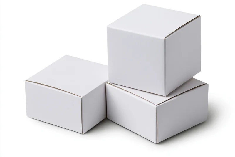 Three plain white cardboard boxes stacked and arranged on a white background