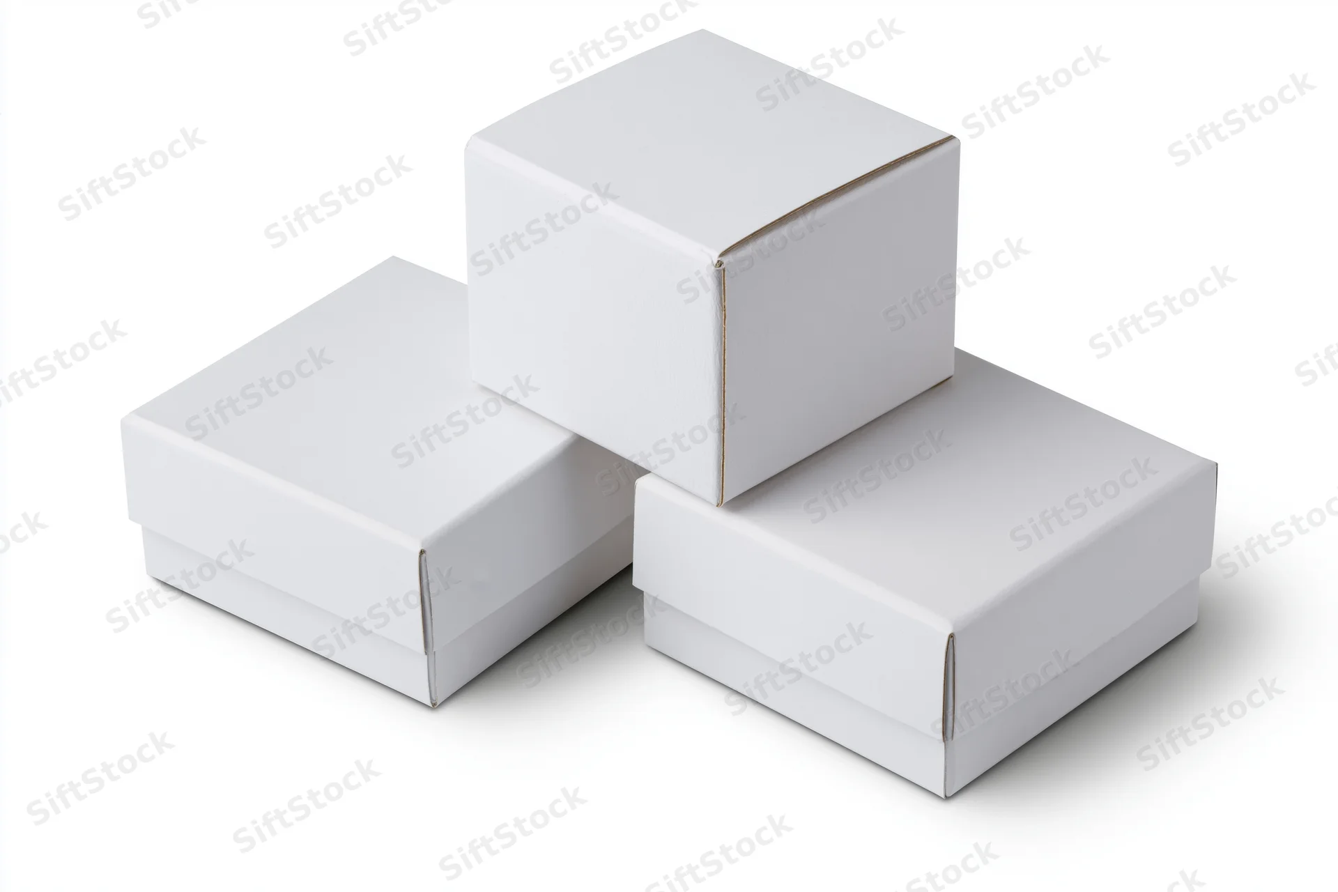 Three plain white cardboard boxes arranged in a cascade on a white background