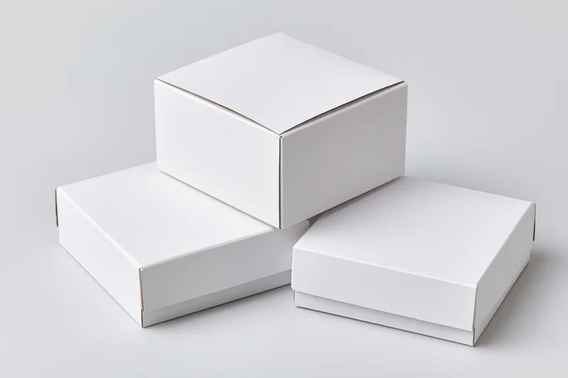 Three plain white cardboard boxes arranged in a loose stack on a light surface