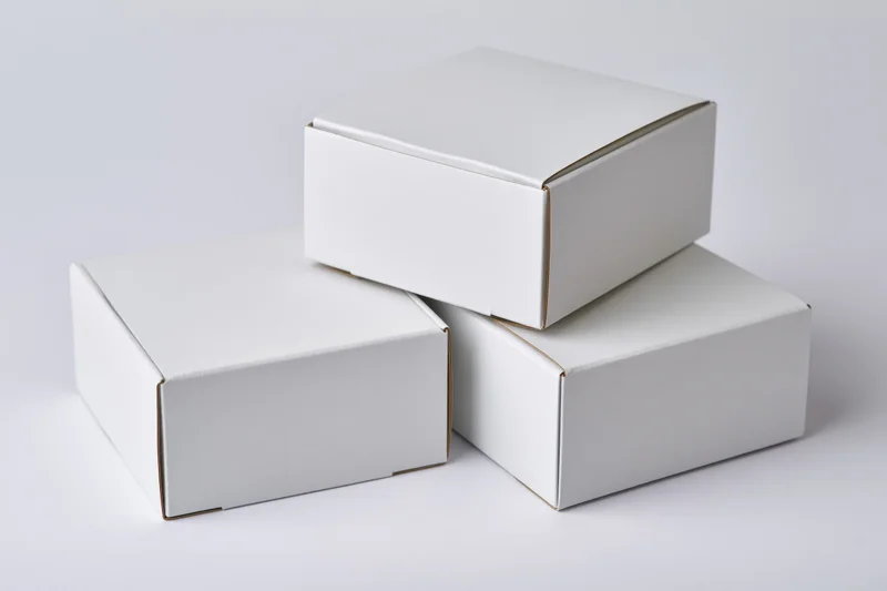 Three plain white cardboard boxes stacked in a loose arrangement on a white surface