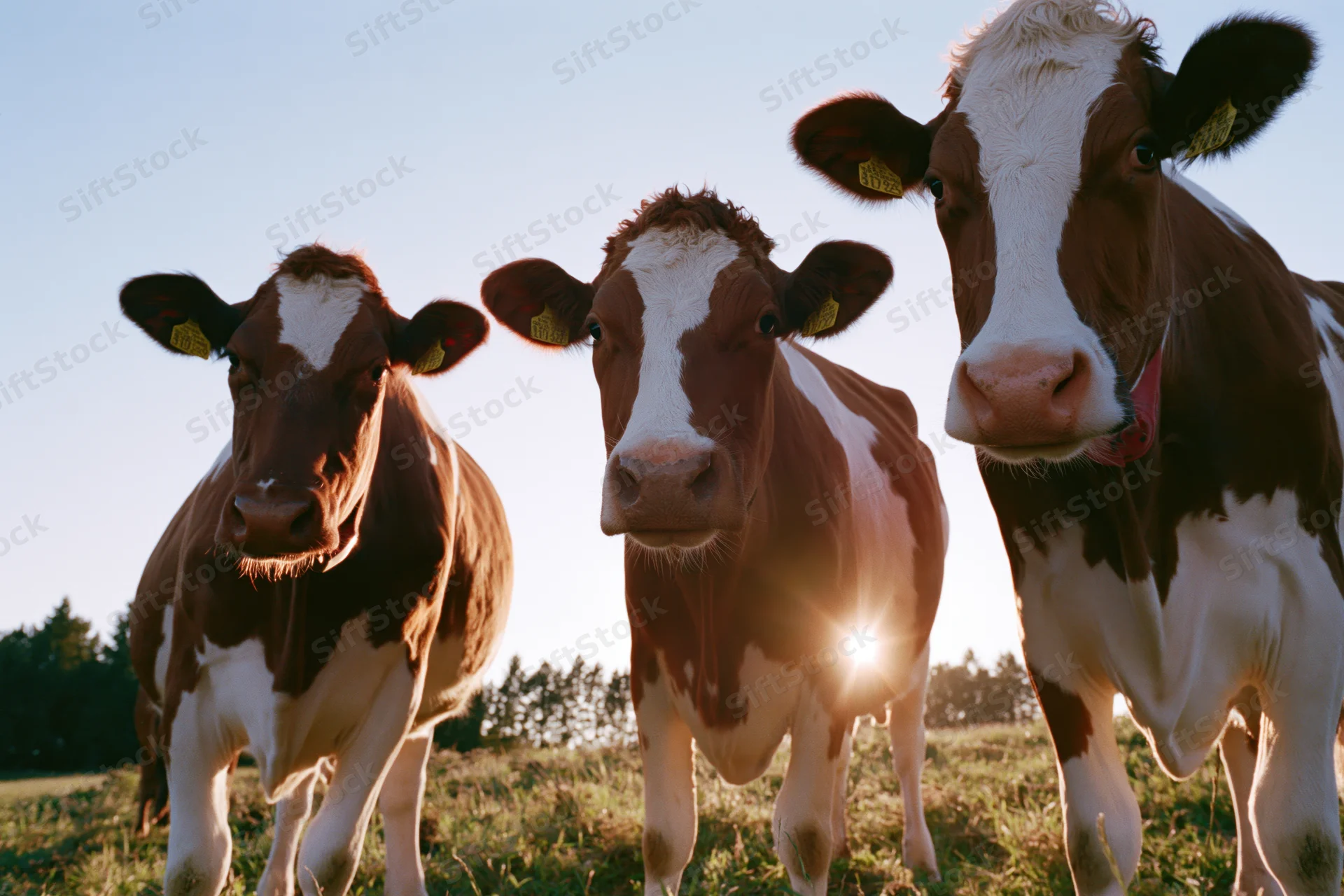 Three red-and-white dairy cows standing in a grassy pasture at sunset