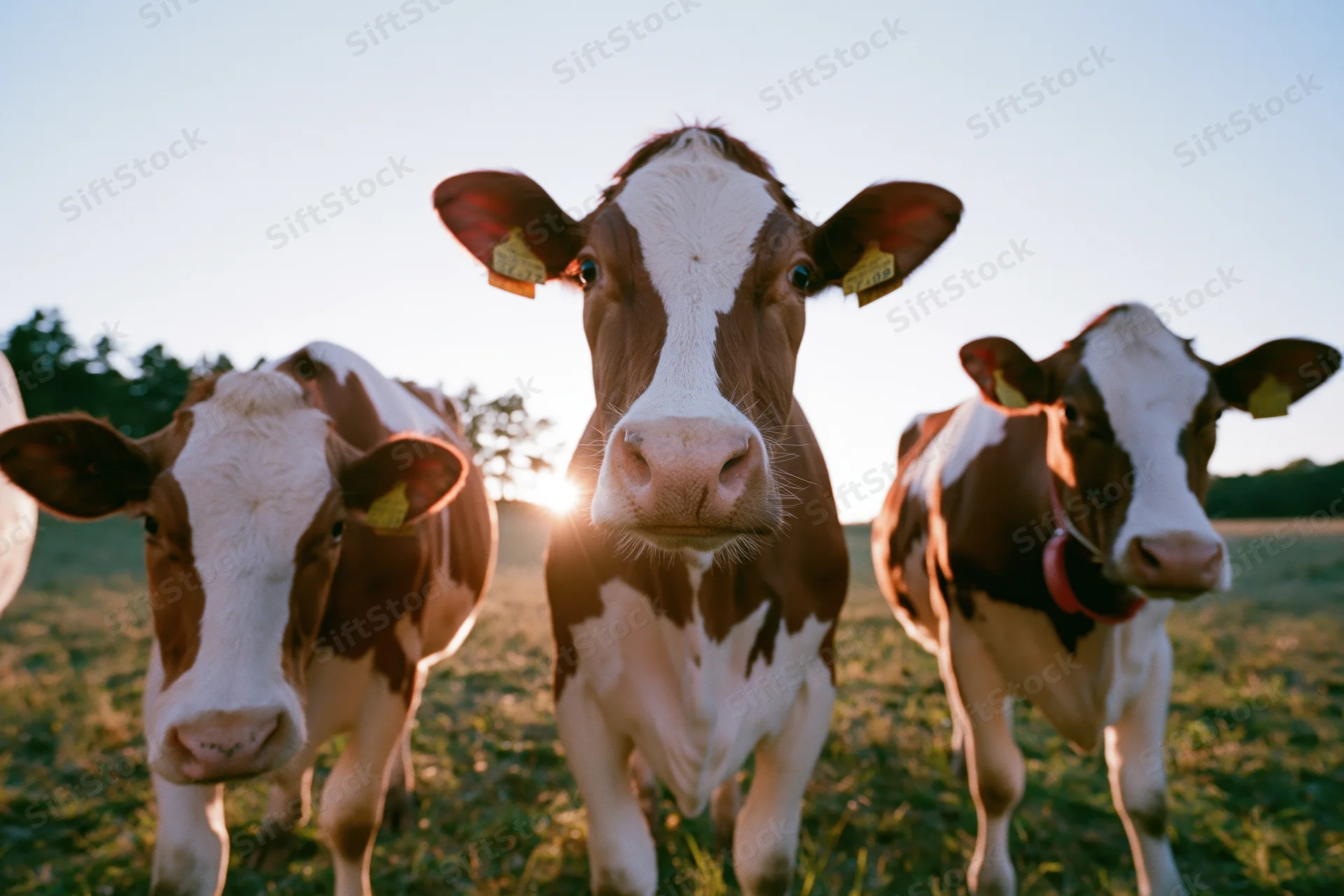 Three red-and-white dairy cows standing in a grassy pasture at sunset