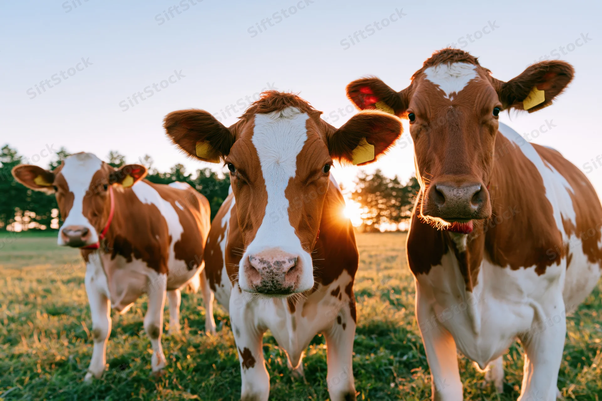 Three red-and-white dairy cows standing in a grassy pasture at sunset