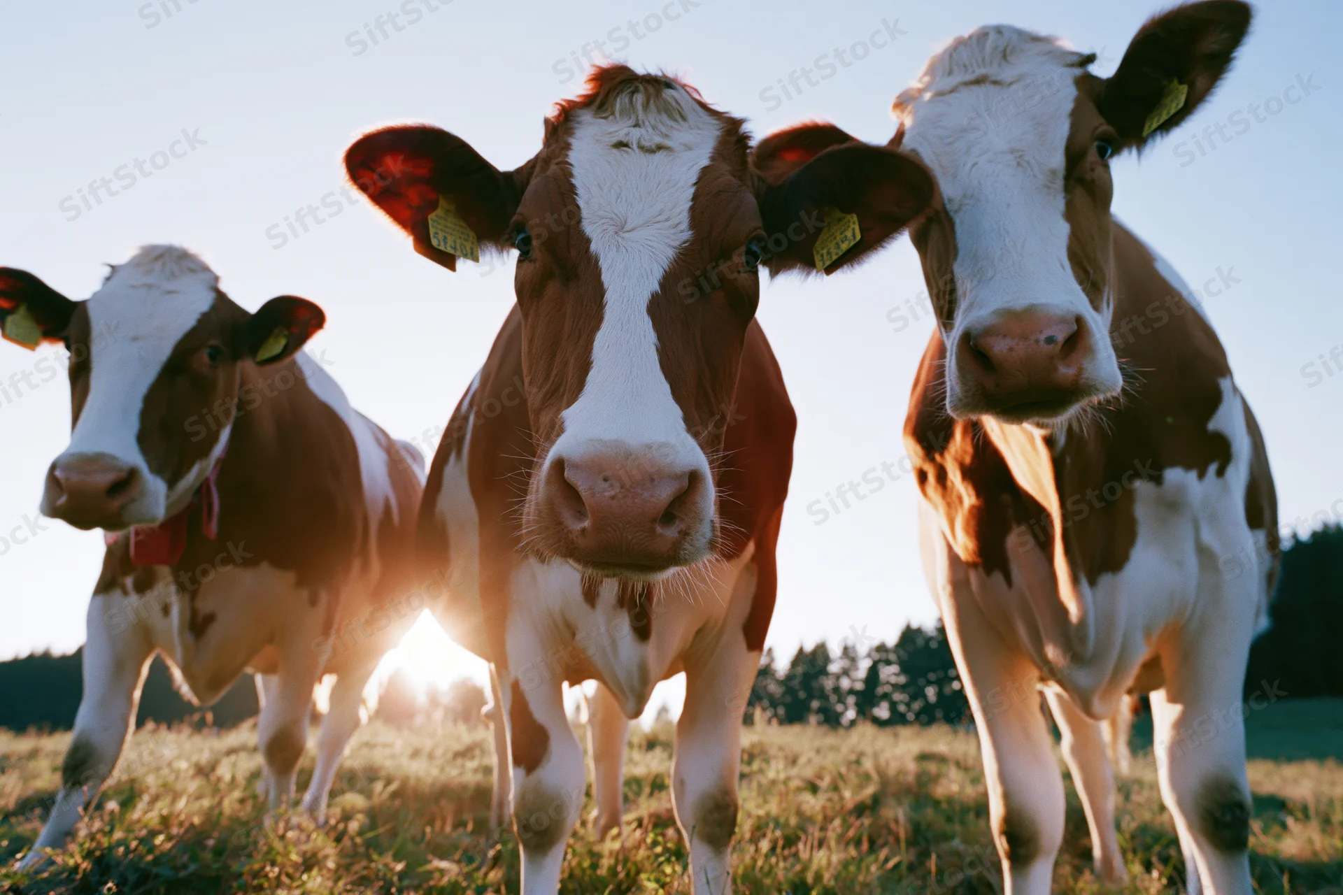 Three red-and-white dairy cows standing in a sunlit pasture facing the camera