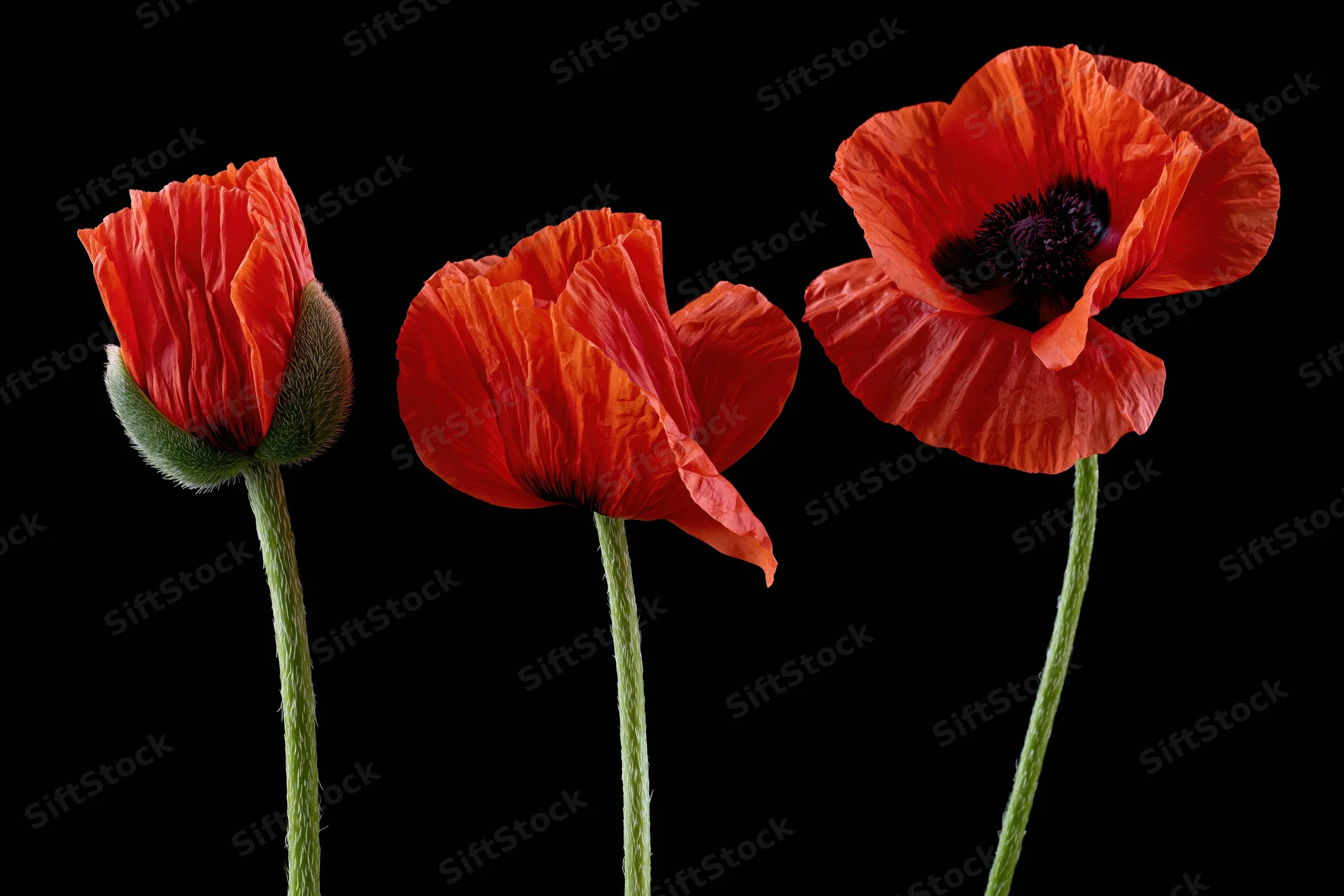 Three red poppy stems in stages of bloom against black background