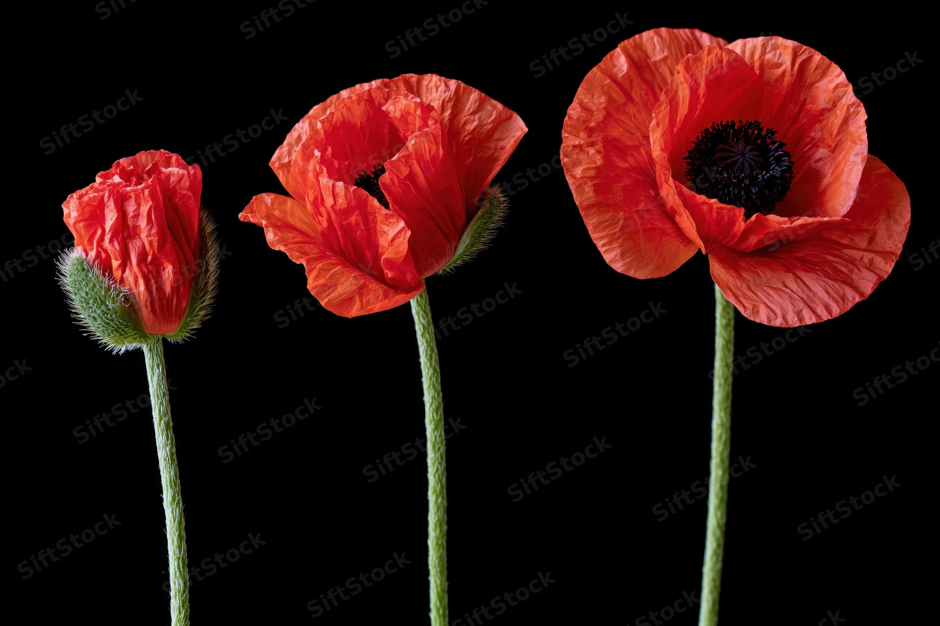 Three red poppy stems in stages of bloom from bud to full flower against black background