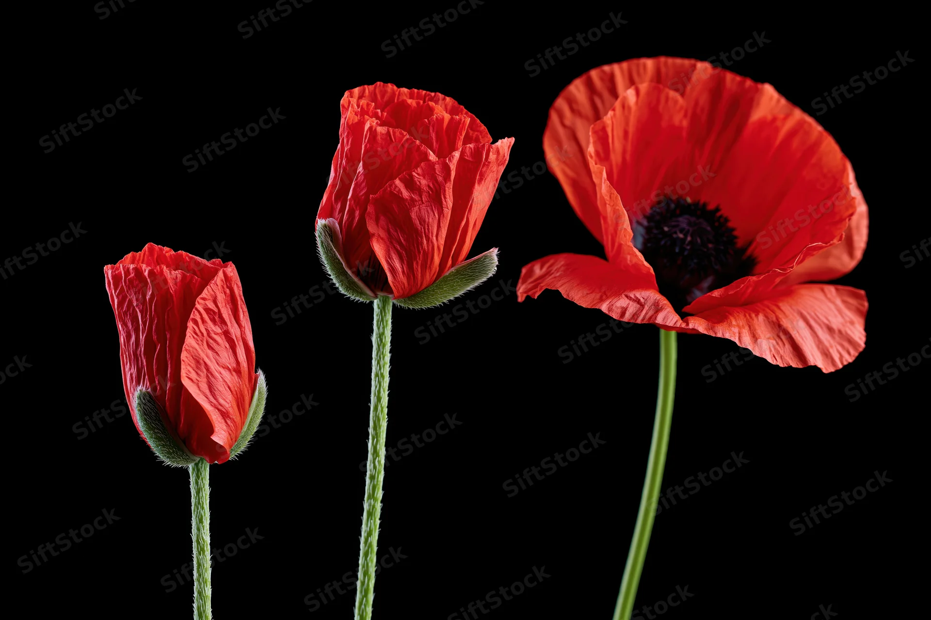 Three red poppies in stages of bloom on black background