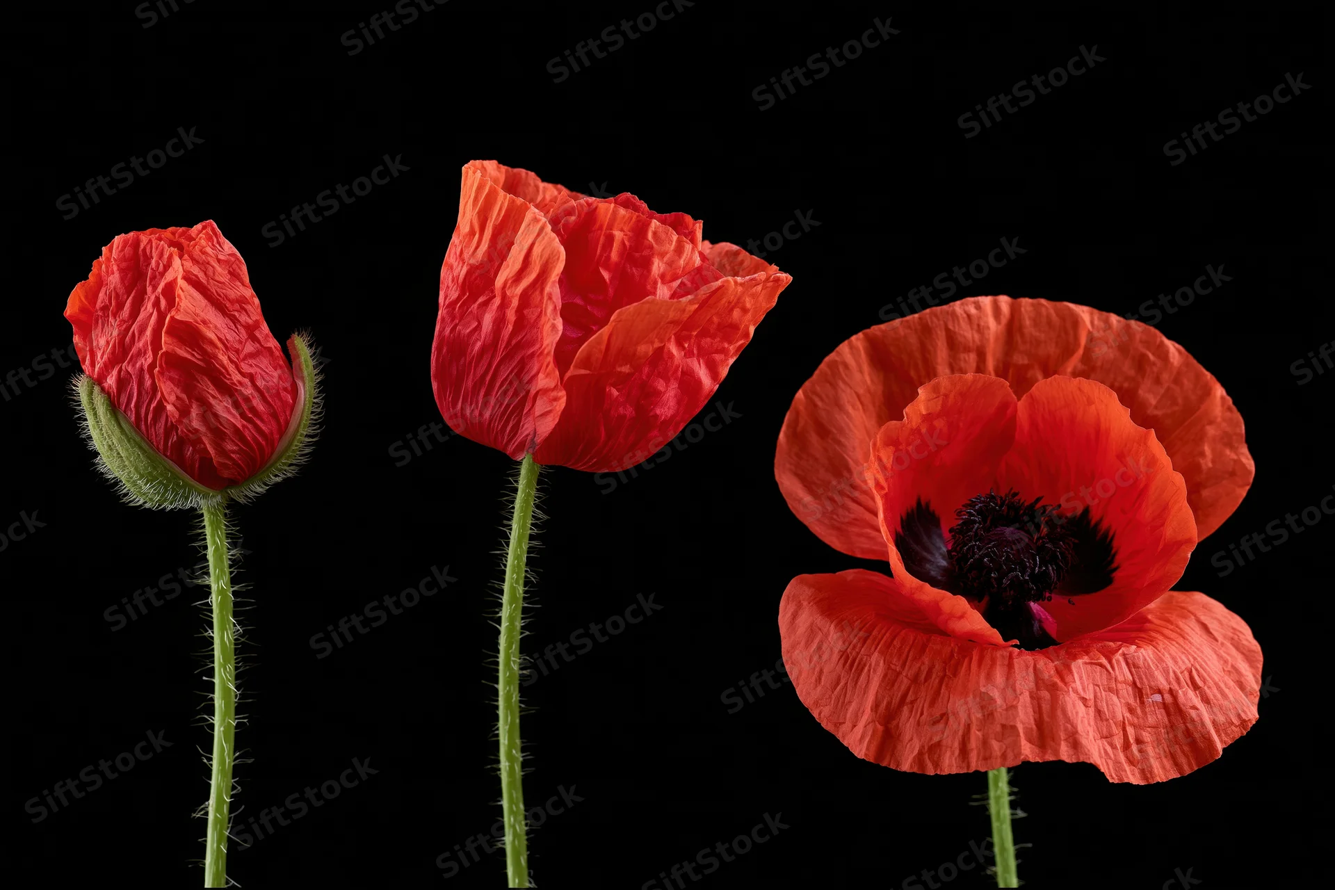 Three red poppy stems arranged left to right showing growth stages from bud to full bloom against black background