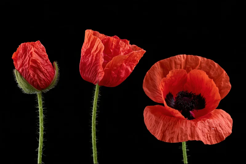 Three red poppy stems arranged left to right showing growth stages from bud to full bloom against black background