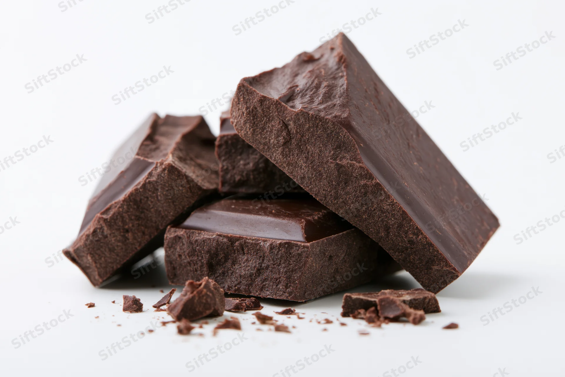 Broken dark chocolate pieces stacked loosely on white background