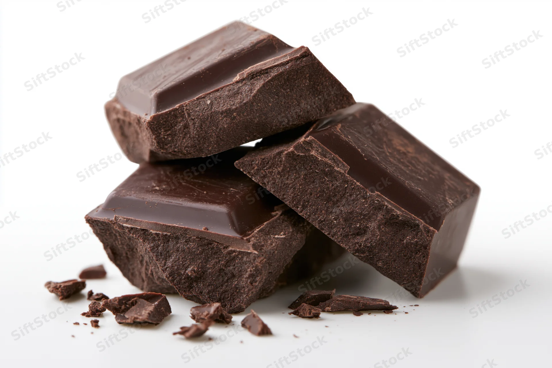 Broken dark chocolate pieces stacked loosely on white background