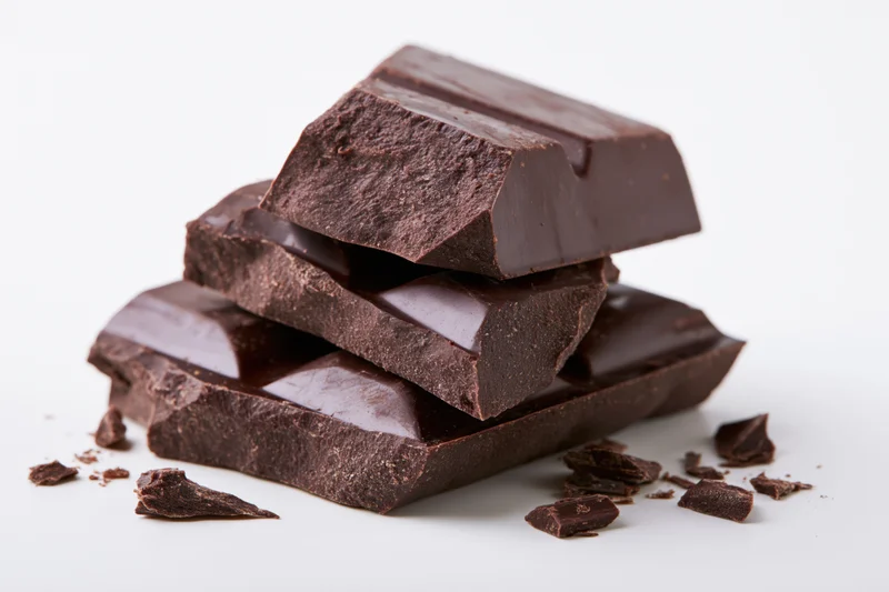 Broken dark chocolate pieces stacked loosely on white background