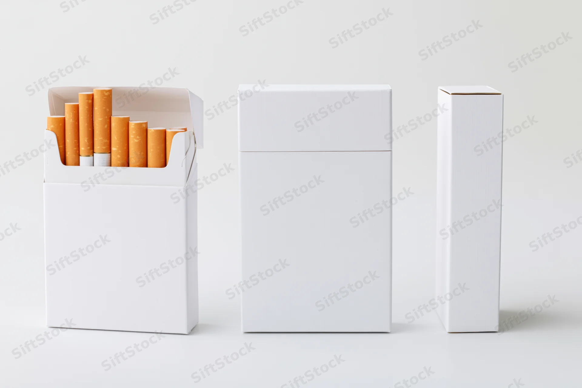 Three blank white cigarette packs arranged side by side on a plain white surface