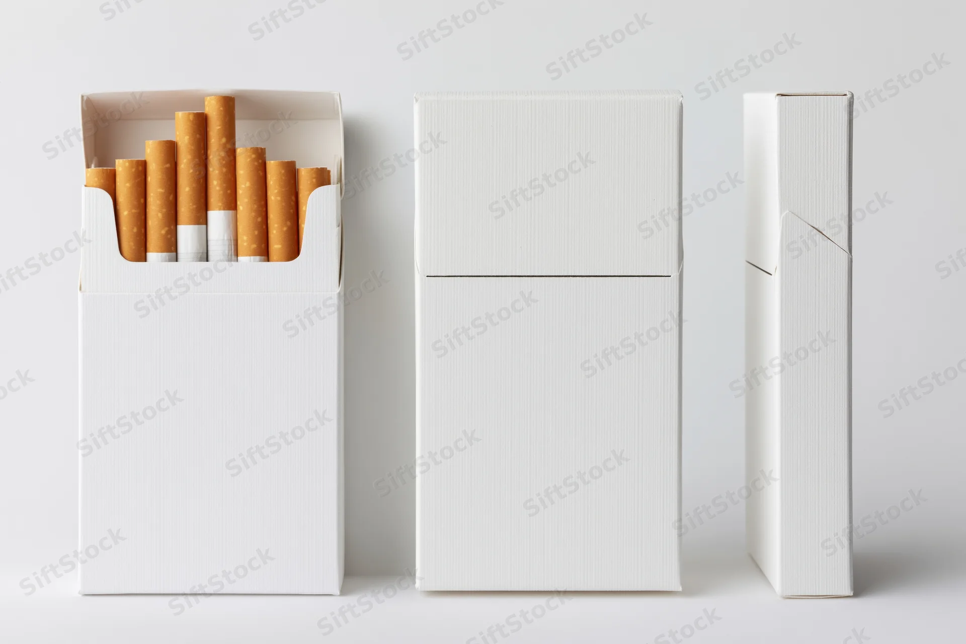 Three views of a blank white cigarette pack arranged side by side on a plain surface