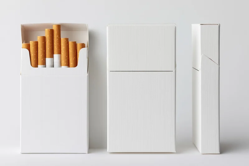 Three views of a blank white cigarette pack arranged side by side on a plain surface