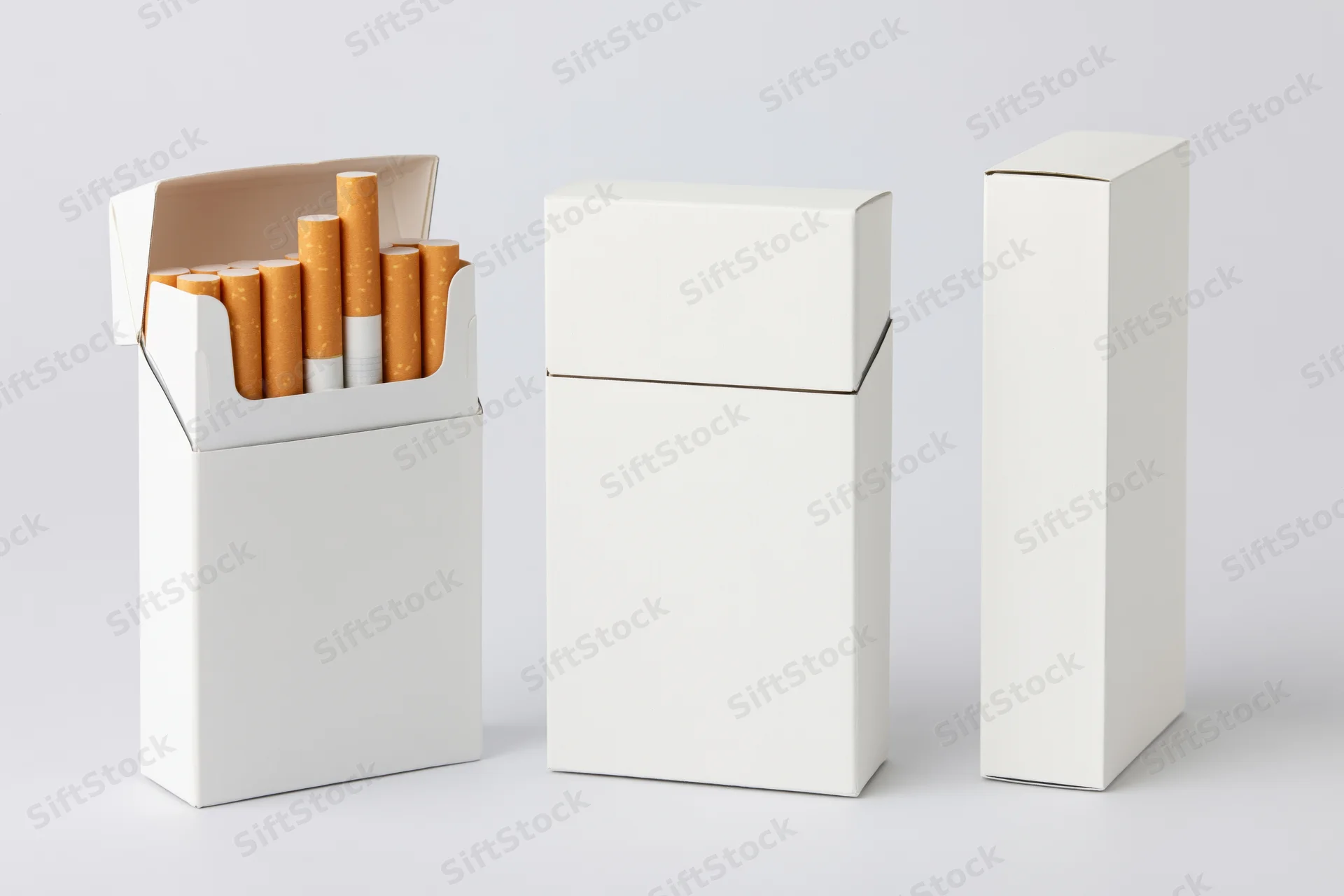 Three blank white cigarette packs arranged side by side on a plain background, one open showing cigarettes inside