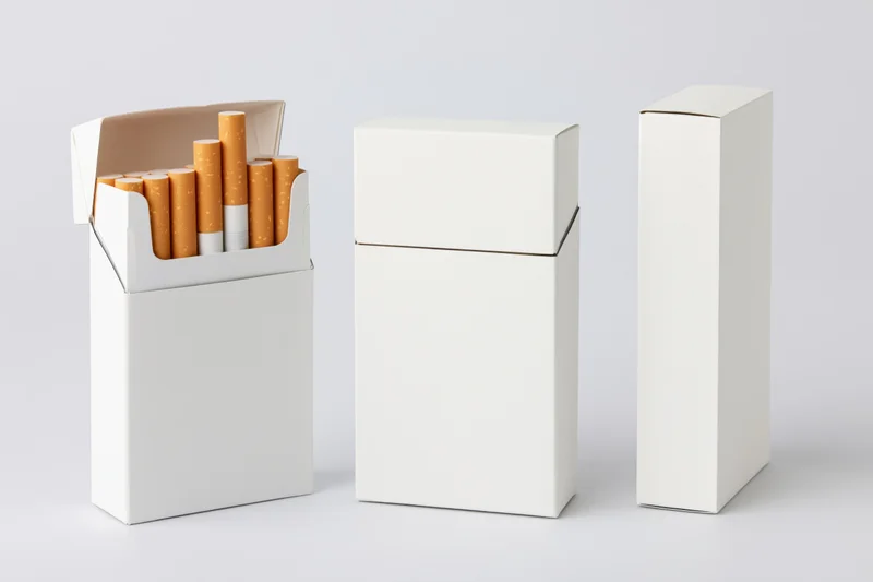 Three blank white cigarette packs arranged side by side on a plain background, one open showing cigarettes inside