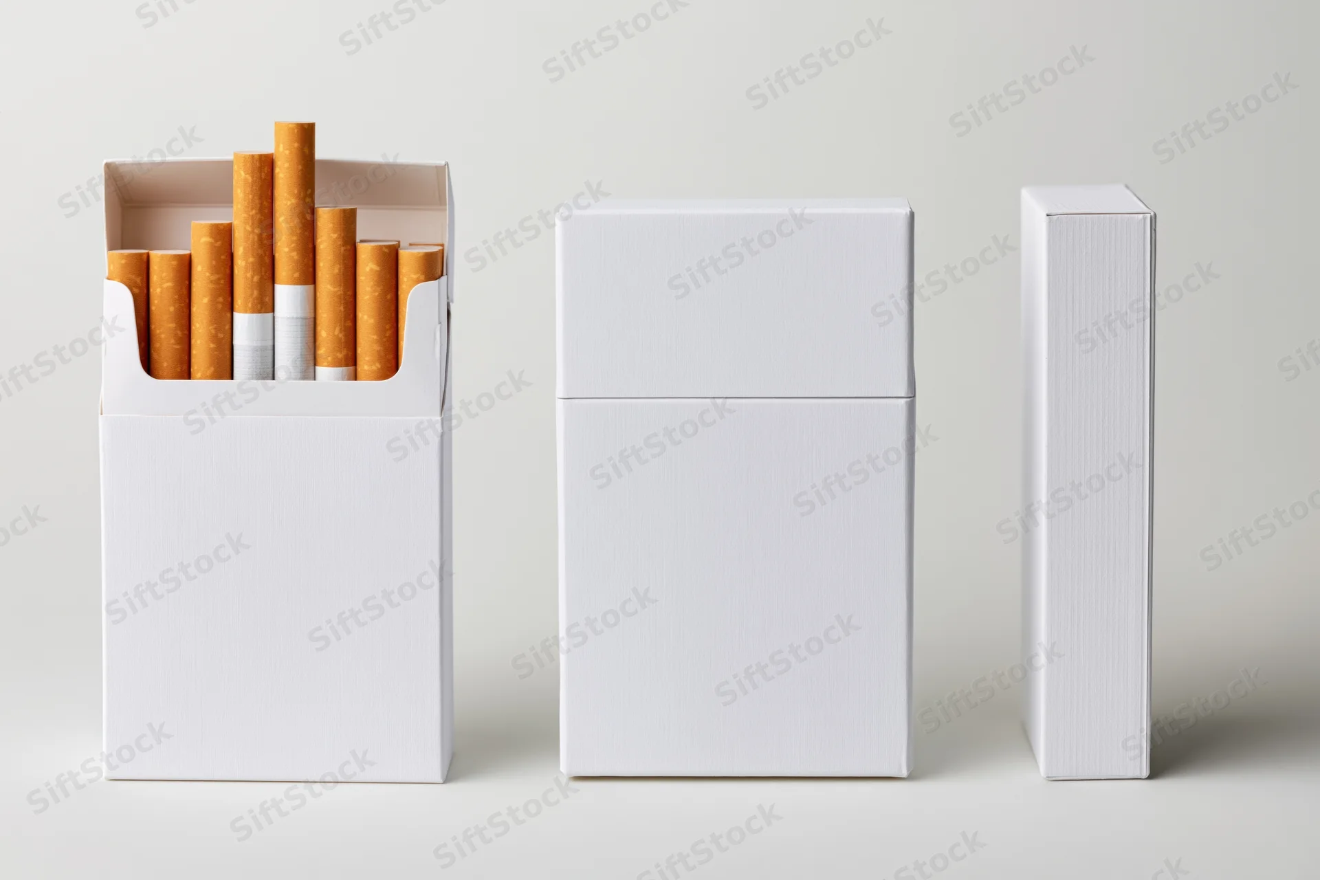 Three views of a blank white cigarette pack arranged side by side on a plain surface