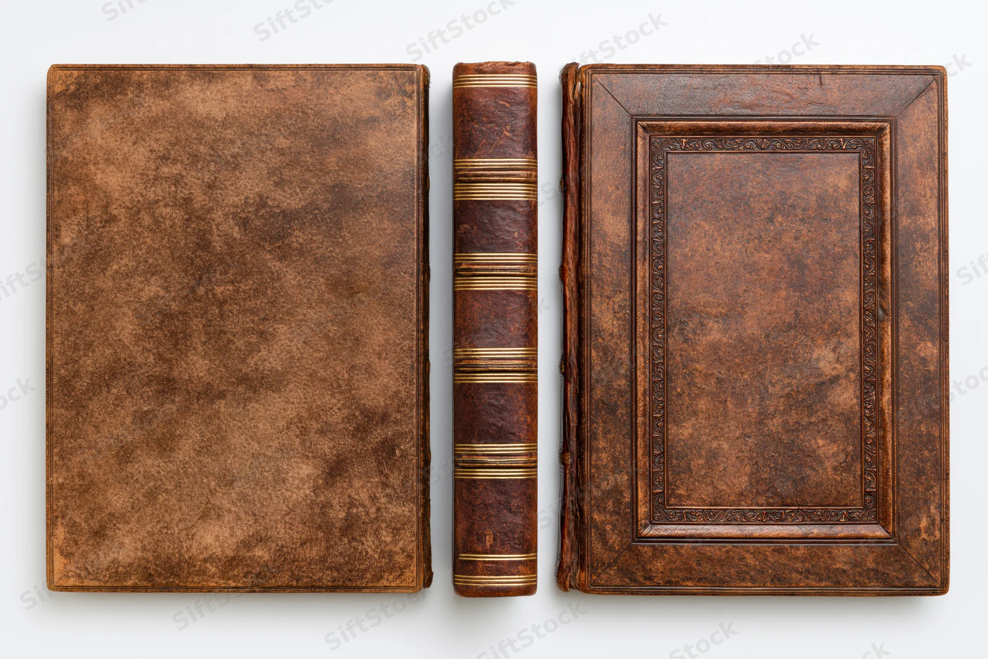 Three views of an antique leather-bound book arranged side by side on white background