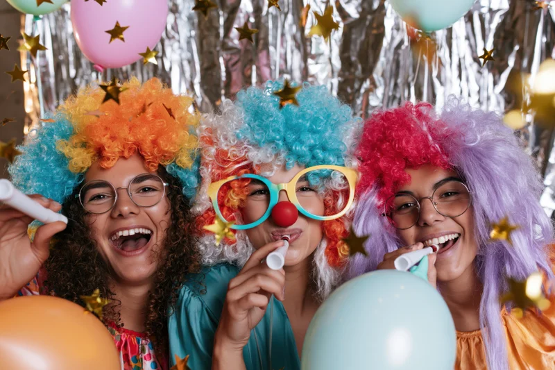 Three young women in colorful clown wigs blowing party blowers at a festive celebration