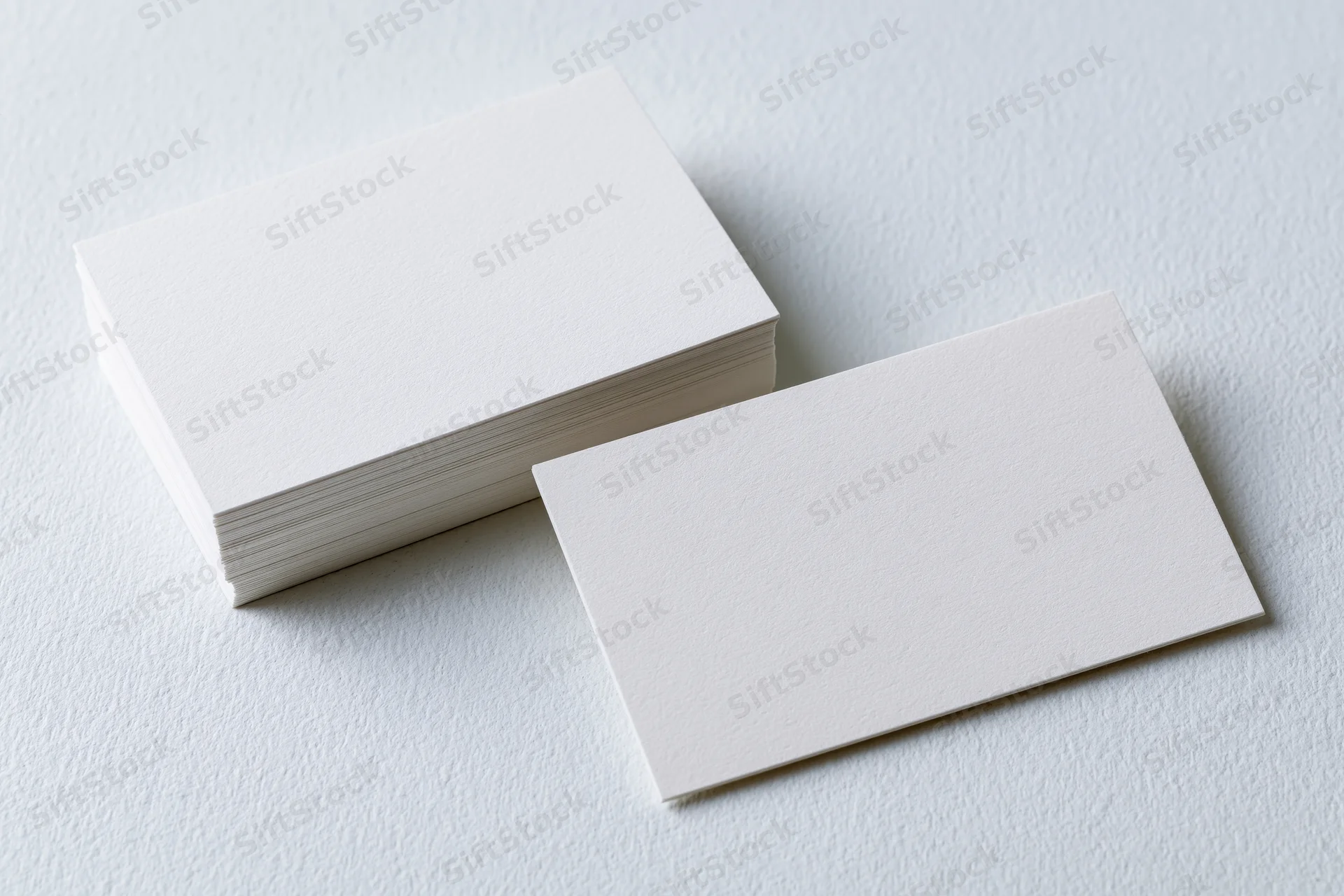 Blank white business cards arranged on textured white surface with one card separated from stack