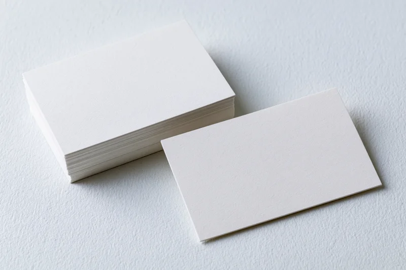Blank white business cards arranged on textured white surface with one card separated from stack