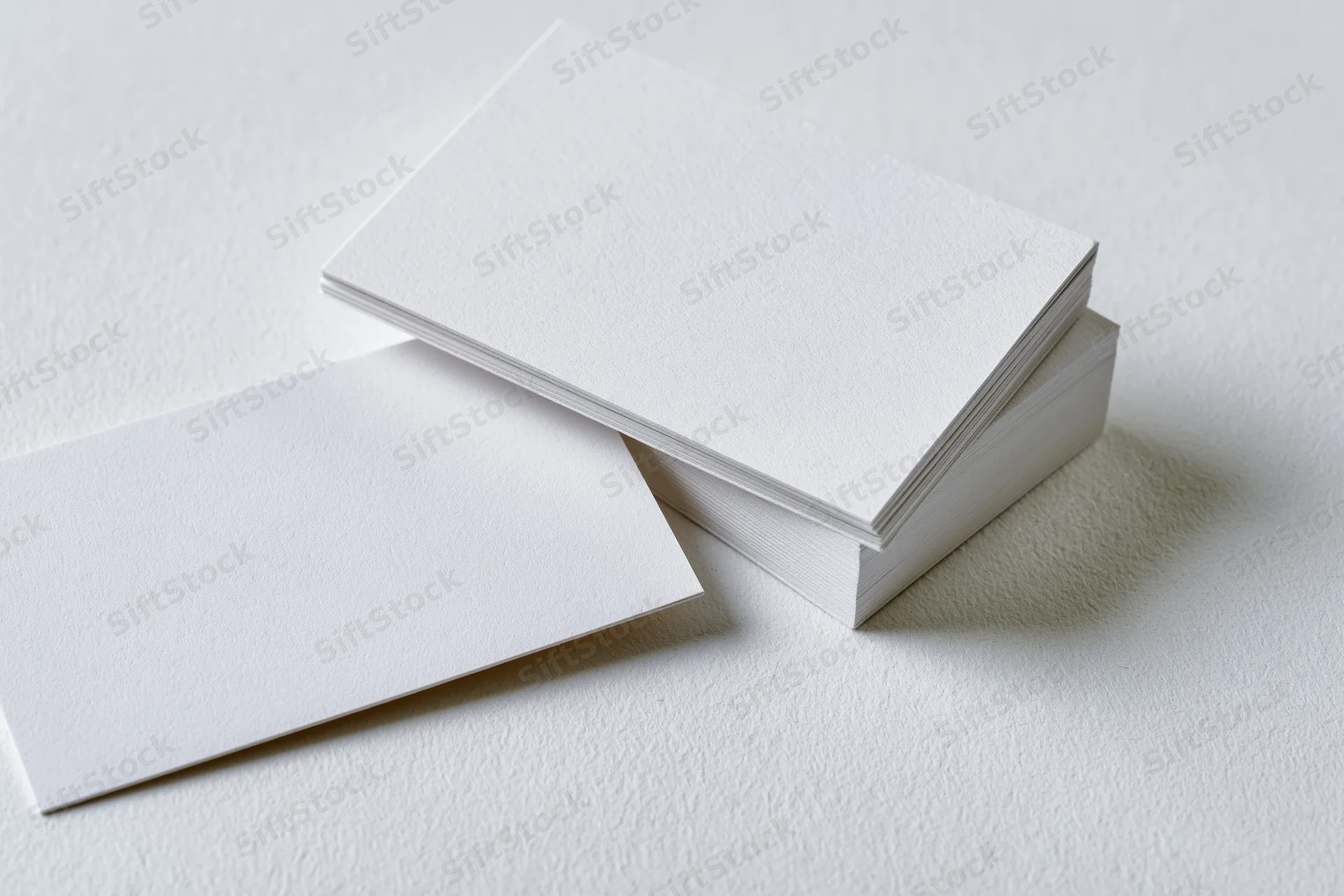Blank white business cards stacked on textured white surface