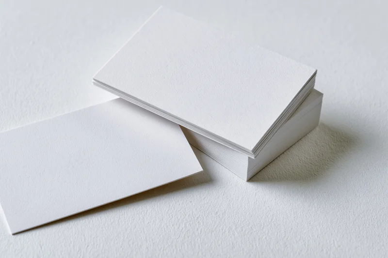 Blank white business cards stacked on textured white surface