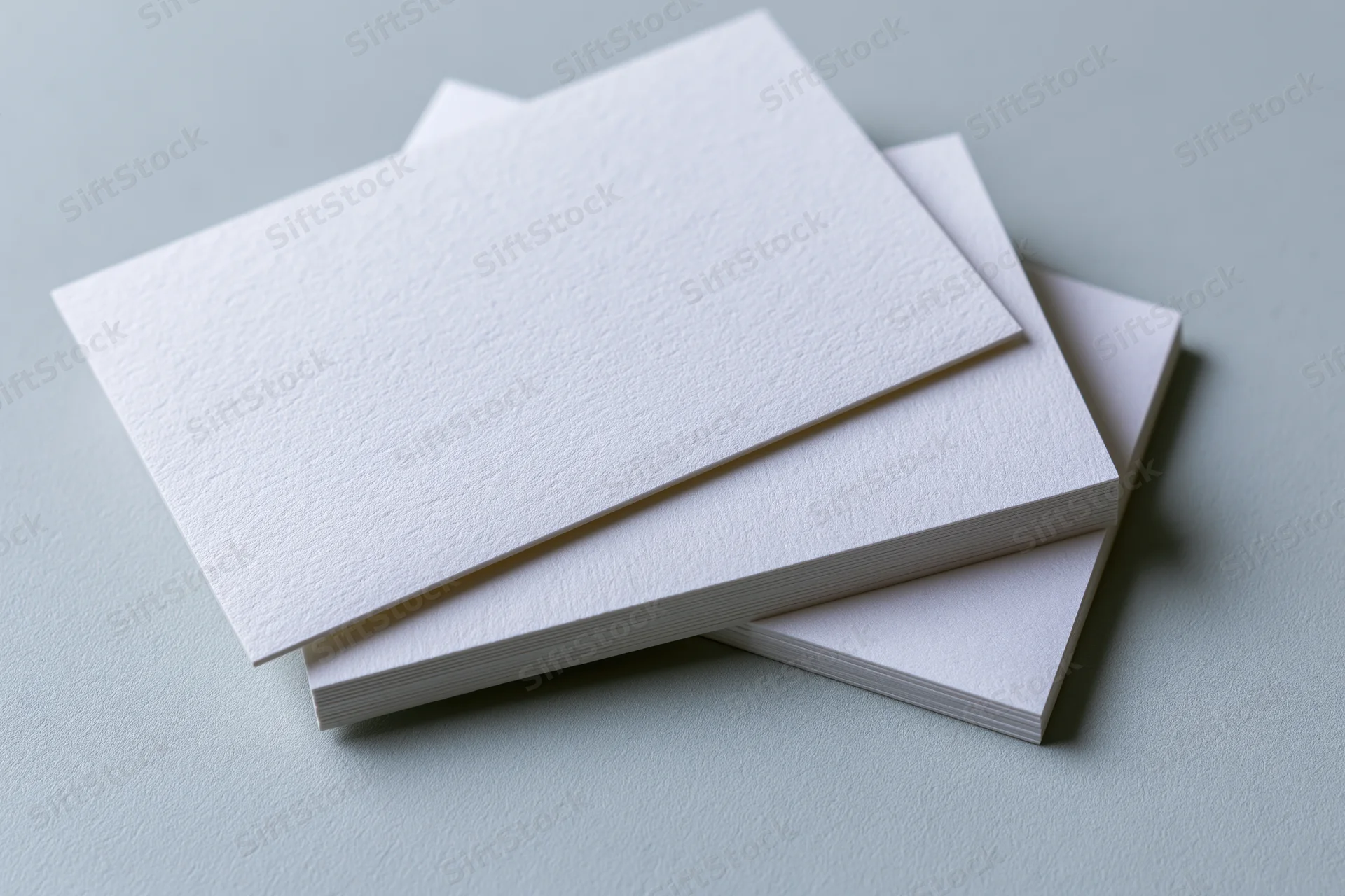 Stack of blank white textured business cards on a light gray surface