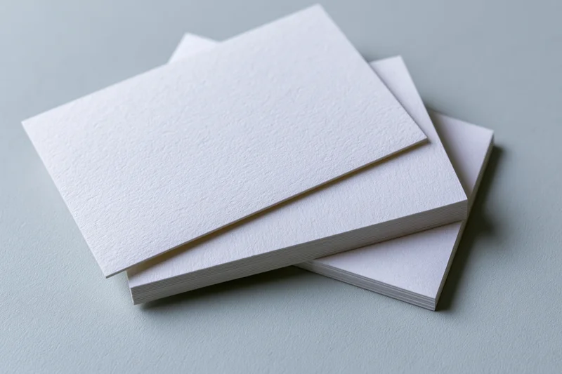 Stack of blank white textured business cards on a light gray surface