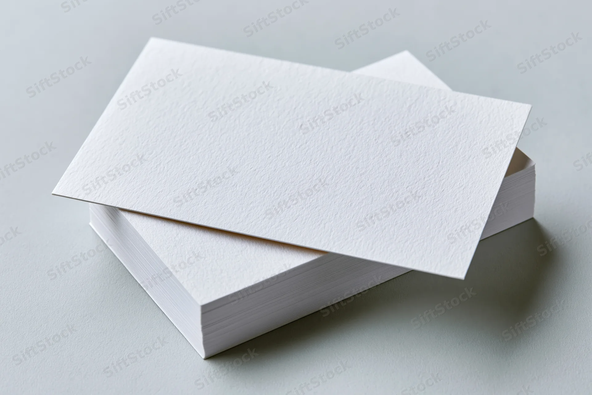 Stack of blank white textured business cards on light surface